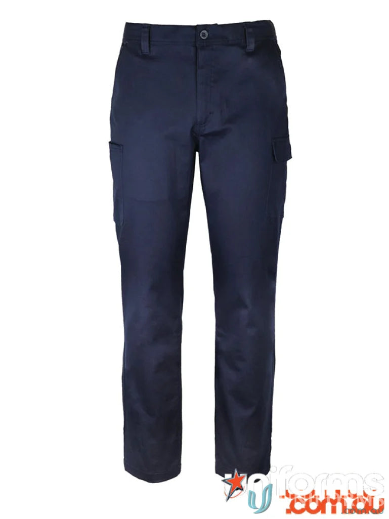 Navy blue stretch twill cargo pants with multiple pockets for uniforms and casual wear