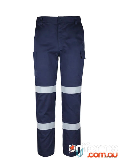 Navy blue stretch twill pants with cargo pockets and reflective tape safety gear