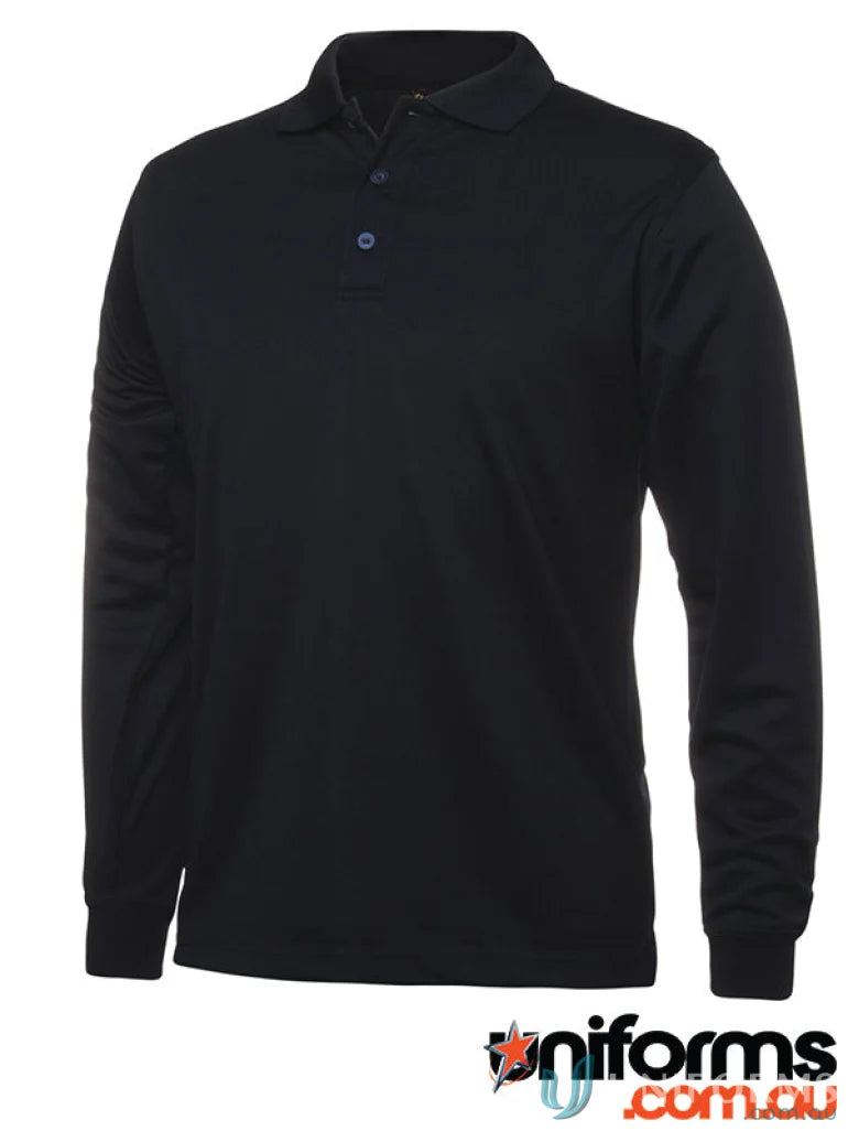 Black JB’s Podium Adults long-sleeved poly polo shirt in micro-knit fabric UPF 7Spl