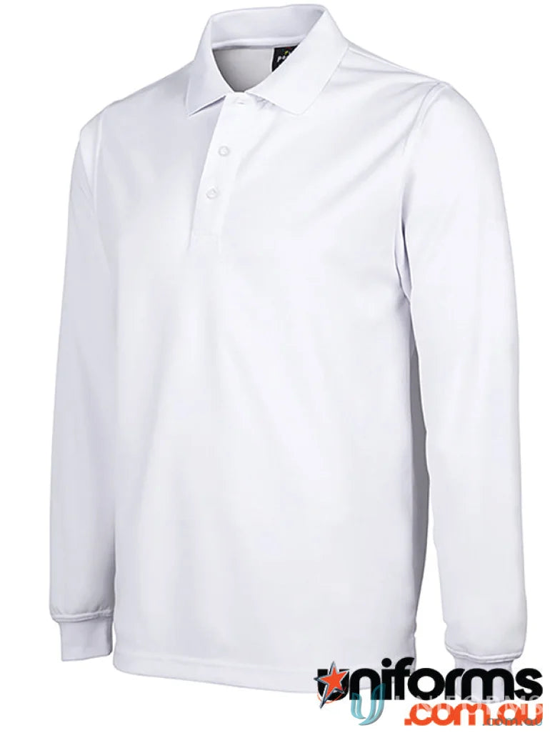 White long-sleeved JB’s Podium Adults poly polo made with micro-knit fabric UPF design