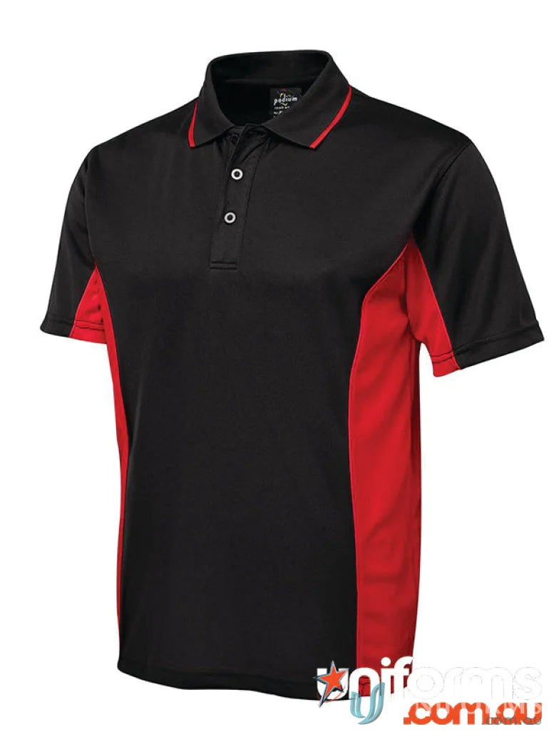 JB’s Podium Contrast Polo showing black and red colors with Podium Cool moisture-wicking fabric
