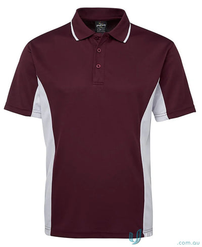 Maroon and white JBs Podium Contrast Polo with Podium Cool moisture-wicking tech