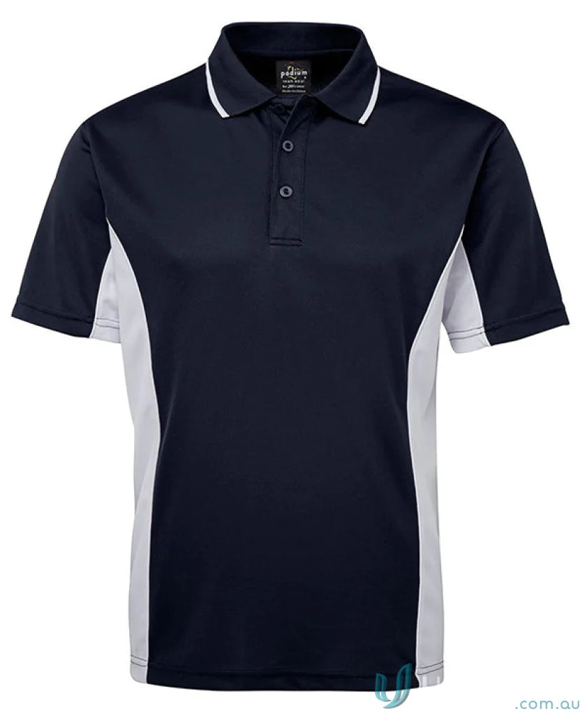 Navy and white polo shirt from JB’s Podium with Podium Cool™ moisture-wicking tech