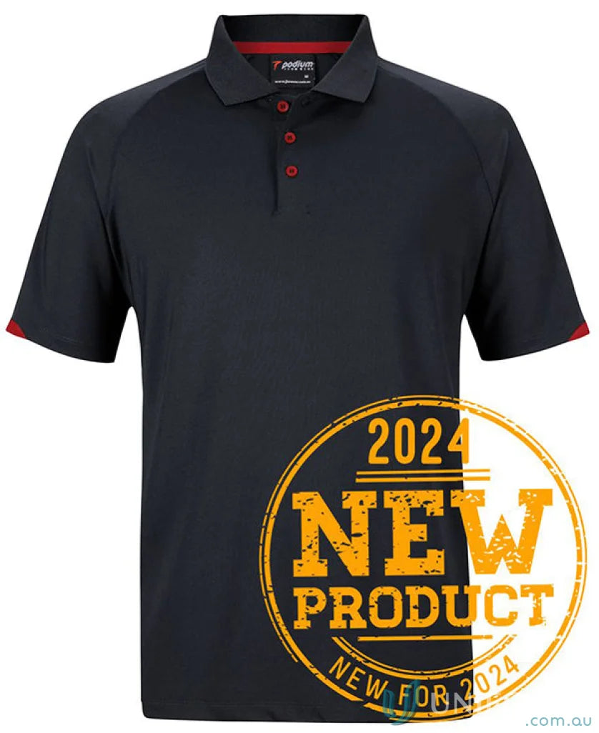 Black JB’s Podium Contrast Stretch Polo with red accents for unmatched comfort
