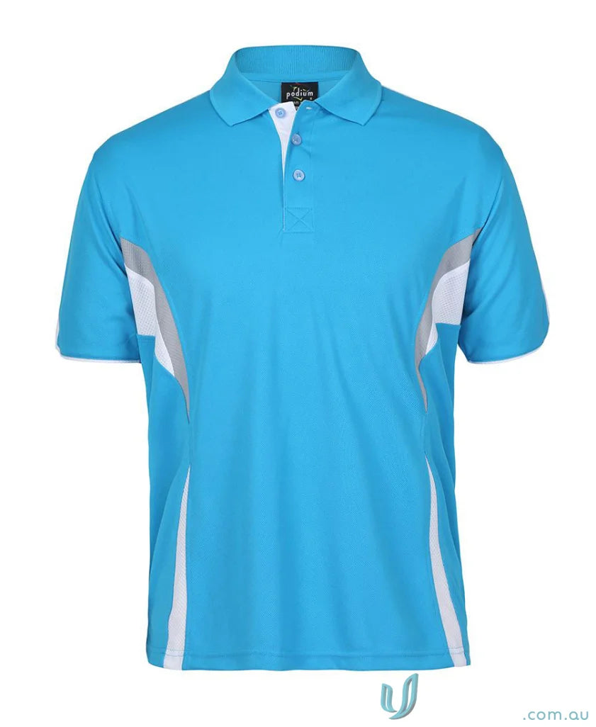 Blue and white polo shirt with dual-color body panel and moisture-wicking tech from JB’s Podium Cool