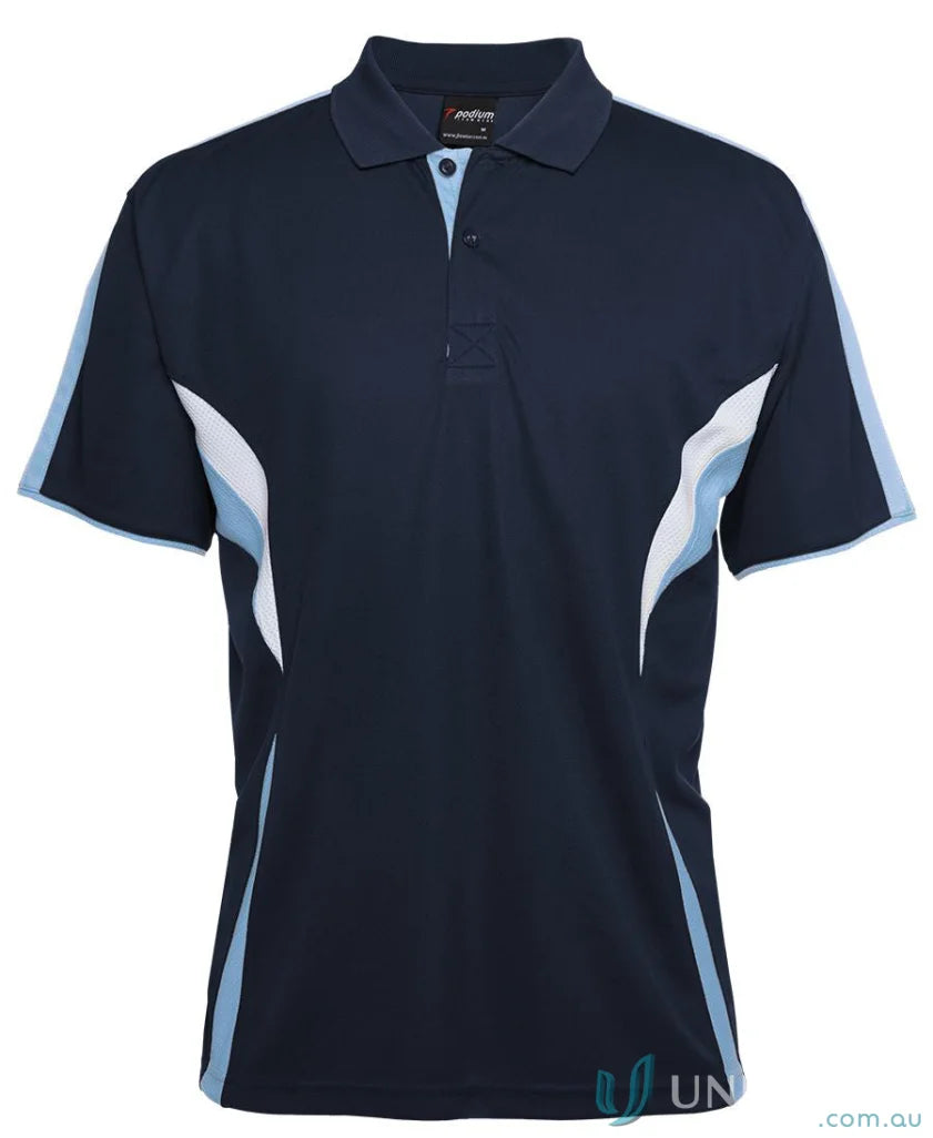 Navy blue JB’s Podium Cool Polo with dual-color body panel and moisture-wicking tech