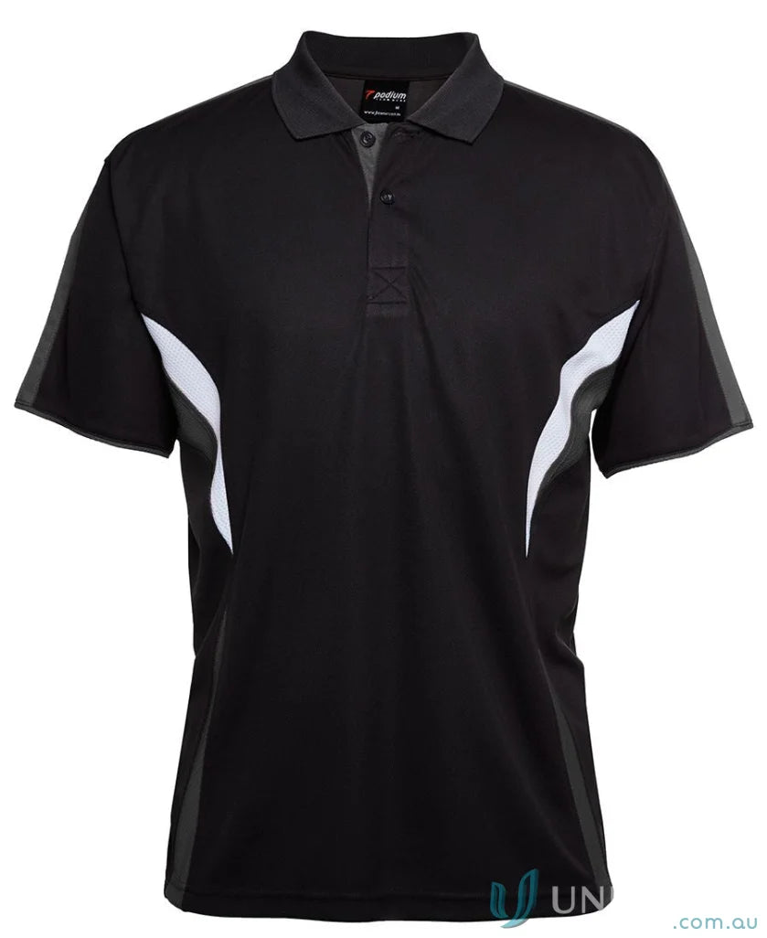 Black JB’s Podium Cool Polo with dual-color body panel and moisture-wicking tech
