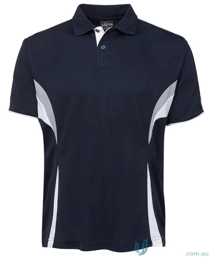 Navy and white polo shirt with dual-color body panel and moisture-wicking tech from JB’s Podium Cool