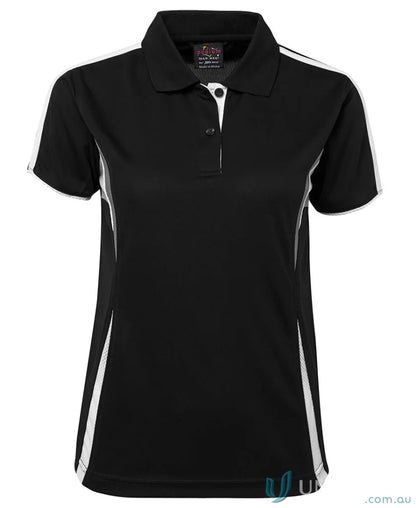 Black and white women’s polo featuring dual-color body panel with jb’s Podium Cool moisture-wicking tech
