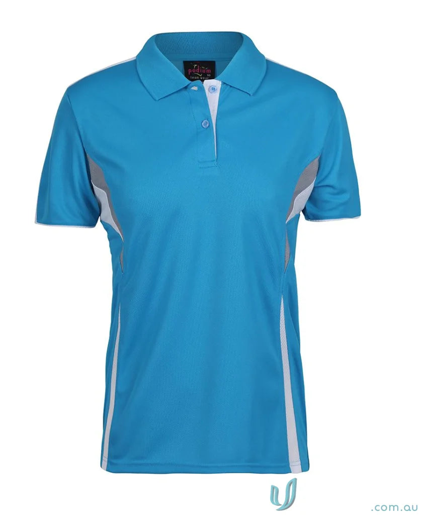 Blue and white polo shirt with dual-color body panel and moisture-wicking tech from JB’s Podium Cool