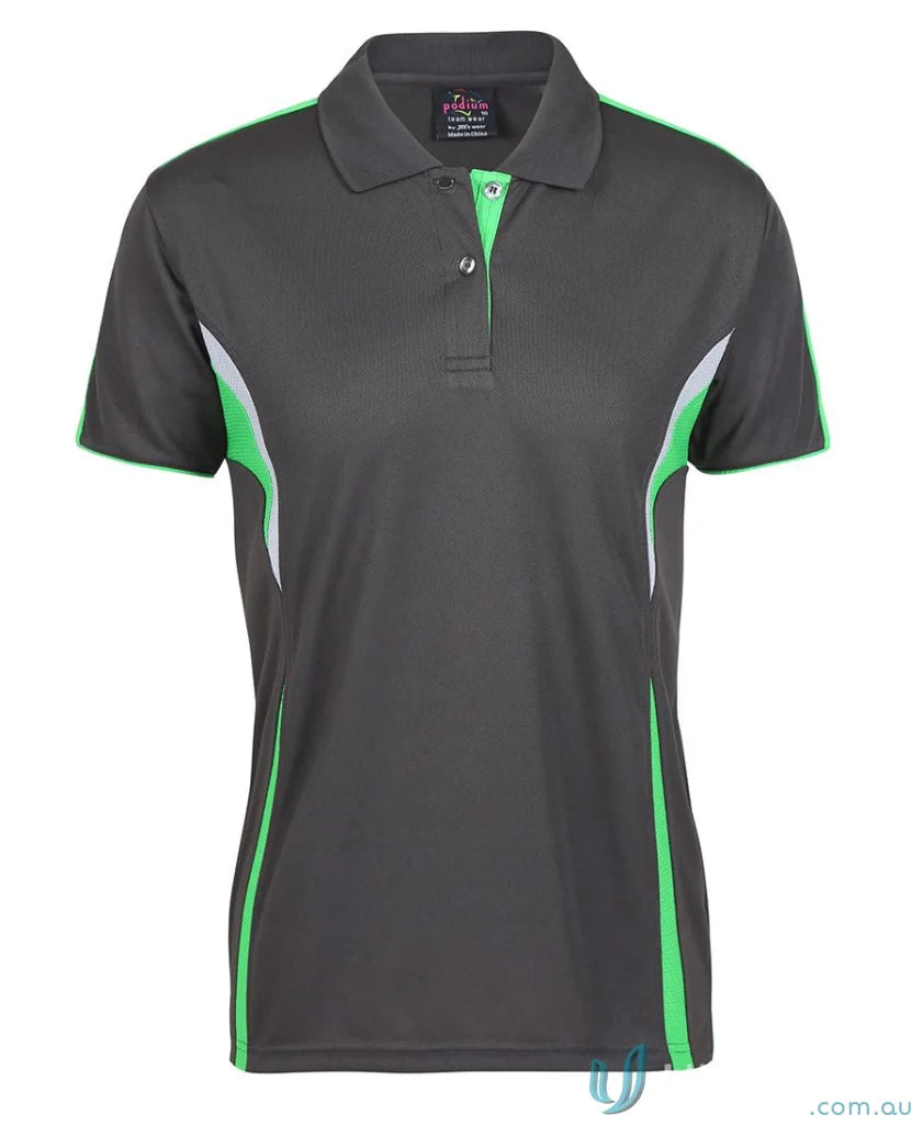 Gray and green women’s JB’s Podium Cool Polo with dual-color body panel and moisture-wicking tech
