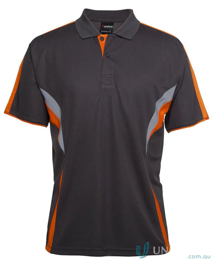 Gray and orange JB’s Podium Cool Polo with dual-color body panel and moisture-wicking tech