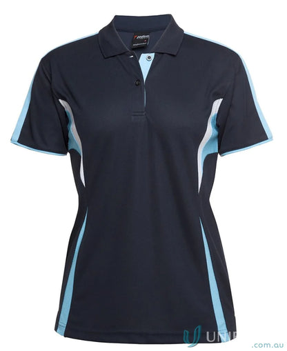Navy blue and light blue women’s polo shirt with dual-color body panel, moisture-wicking JB’s Podium Cool