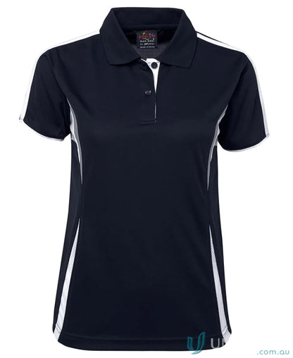 Navy and white women’s polo shirt with dual-color body panel and moisture-wicking tech by JB’s Podium Cool