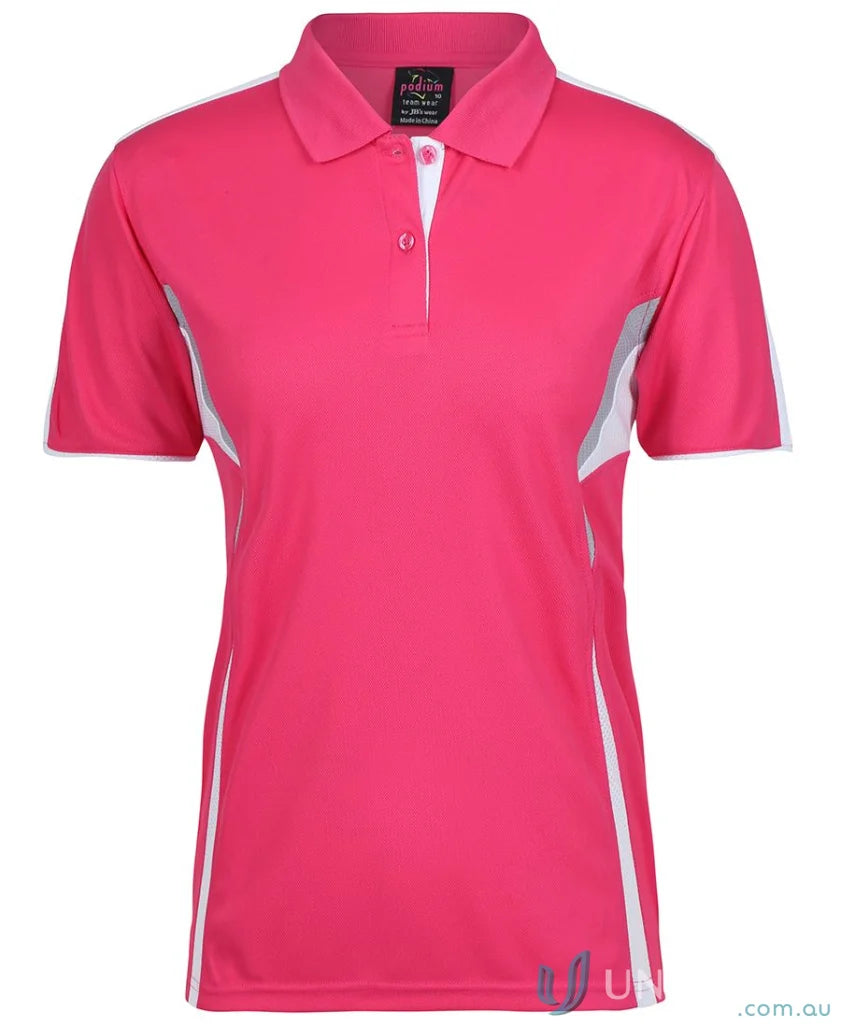 Pink JB’s Podium Cool polo with dual-color body panel and moisture-wicking tech