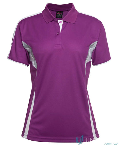 Purple and white women’s polo shirt with dual-color body panel and moisture-wicking tech at JB’s Podium Cool