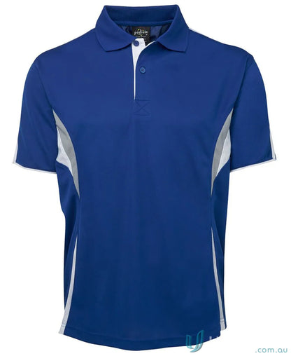 Blue and gray polo shirt with dual-color body panel and moisture-wicking tech by JB’s Podium Cool