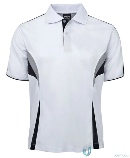 White JB’s Podium Cool polo with dual-color body panel and moisture-wicking tech