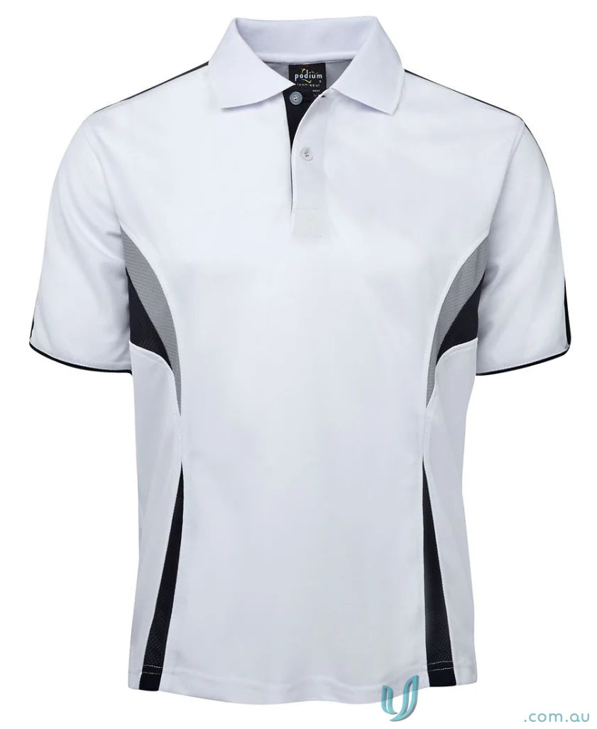 White JB’s Podium Cool polo with dual-color body panel and moisture-wicking tech