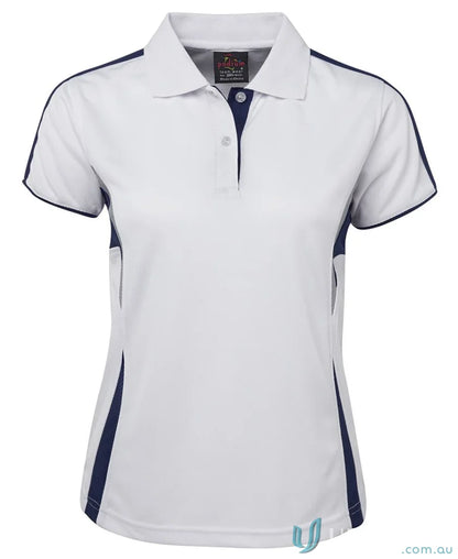 White and navy JB’s Podium Cool Polo with dual-color body panel and moisture-wicking tech