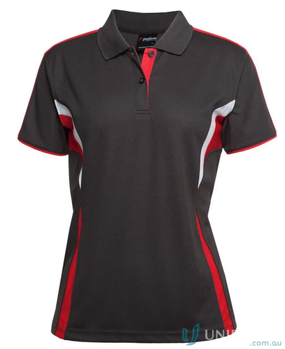 Women’s gray JB’s Podium Cool Polo with dual-color body panel and moisture-wicking tech