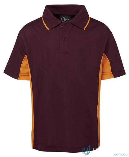 Maroon and gold JB’s Podium Kids Contrast Polo shirt for boys or girls