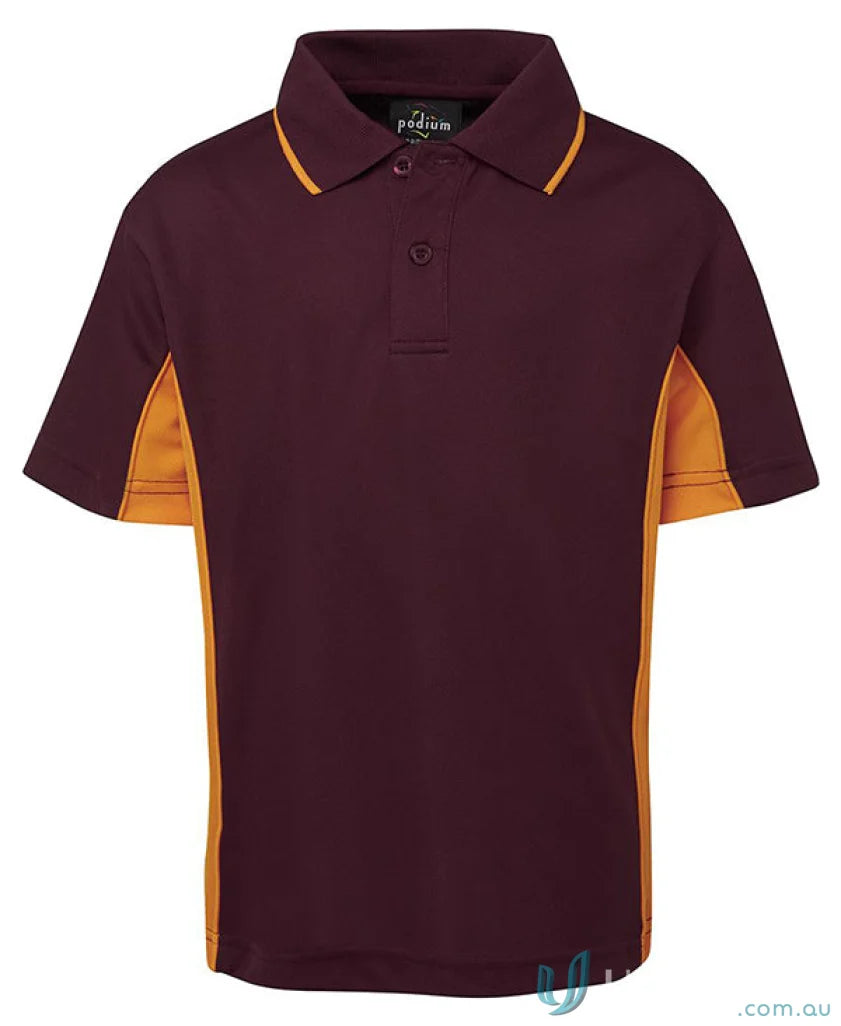 Maroon and gold JB’s Podium Kids Contrast Polo shirt for boys or girls
