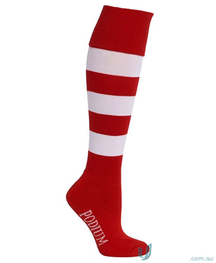 Red and white striped JB’s Podium Sport Sock for youth and children sports fun