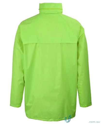 Bright lime green waterproof JBs Rain Jacket with high collar for extra large work uniforms