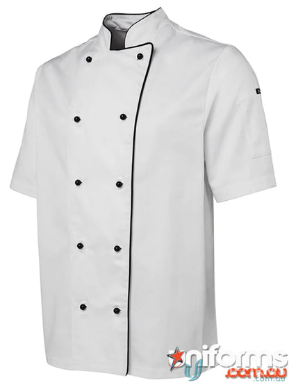 White JBs Short Sleeve Chef Jacket with black trim stay cool and stylish in the kitchen