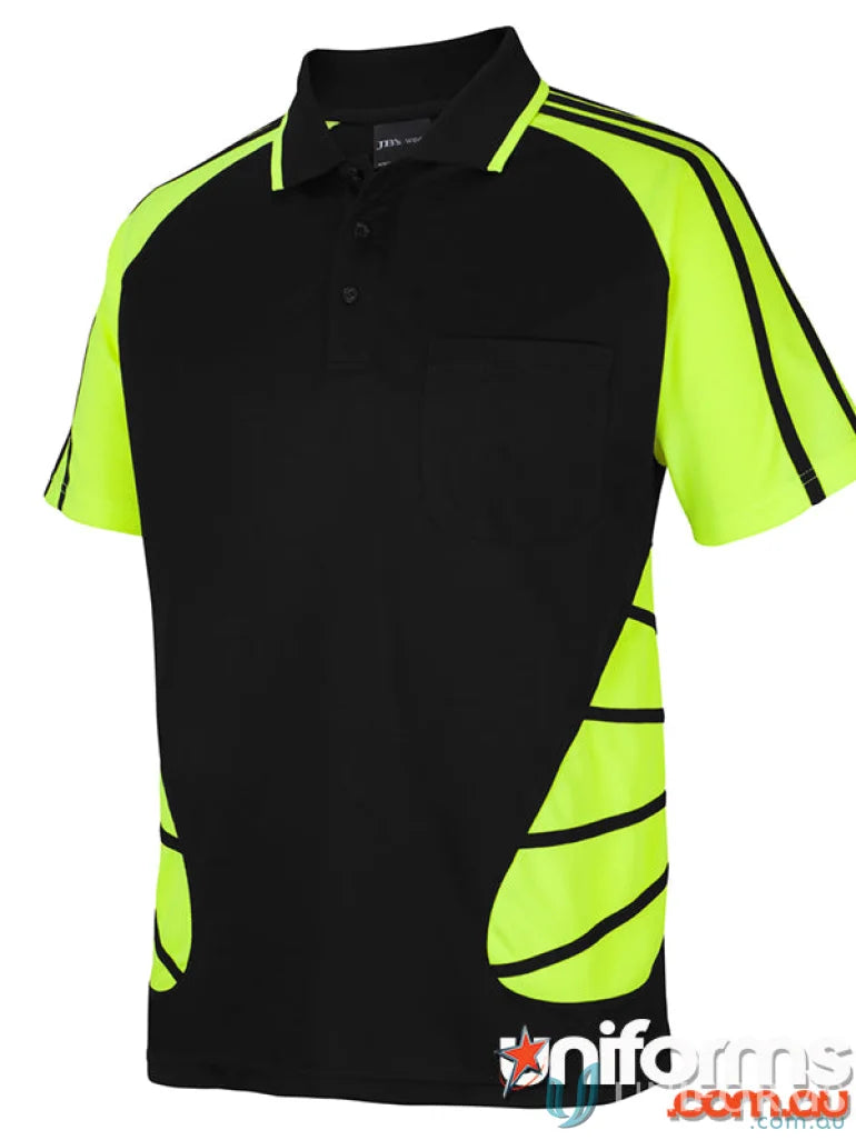 Black and neon yellow JB’S Street Spider Polo shirt, perfect for work uniforms or casual uniforms
