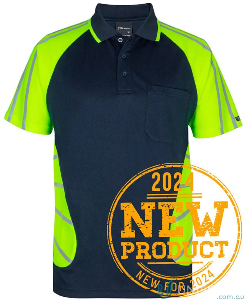 Navy and neon green JB’S Street Spider Polo safety workwear uniform for casual work uniforms