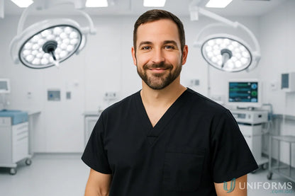 Smiling male surgeon in JB’s Unisex Scrubs Top with chest pocket in operating room
