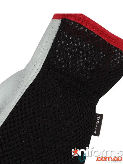 Black mesh fabric with red and silver trim on JB’s Vented Rigger Glove for workwear