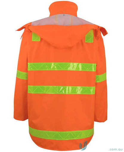 Orange JB’S Vic Road rain jacket with reflective green stripes and tape closure