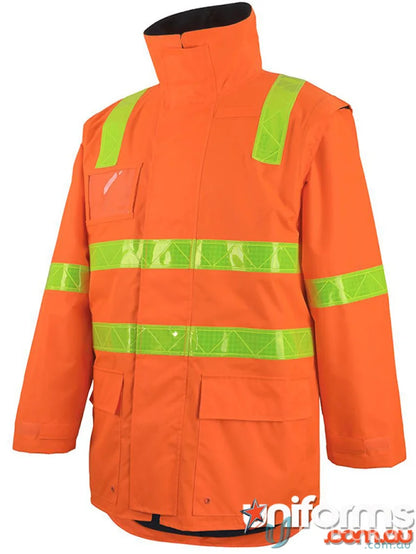 Orange waterproof work jacket with reflective strips, tape closure, and pile tape features