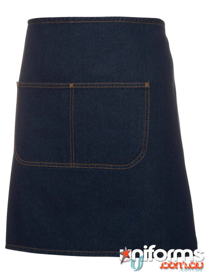 Dark blue denim apron with orange stitching and front pockets, perfect for uniforms