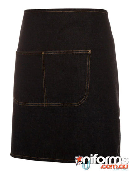 Black denim half bistro apron with large front pocket and contrasting stitching for uniforms