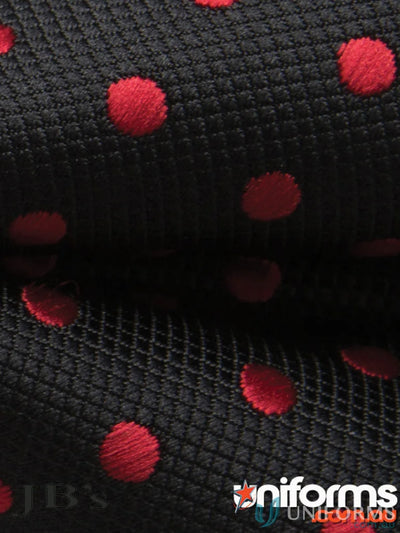Black fabric with red polka dots for JBs Waiting Bow Tie, perfect for uniforms or workwear