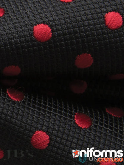 Black fabric with red polka dots for JBs Waiting Bow Tie, perfect for uniforms or workwear