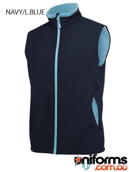 Navy and light blue JB’s Water Resistant Softshell Vest with stand-up collar and pockets