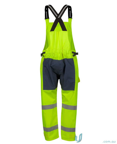 High-vis yellow and navy JBs Waterproof Bib and Brace with reflective tape and pile tape closure