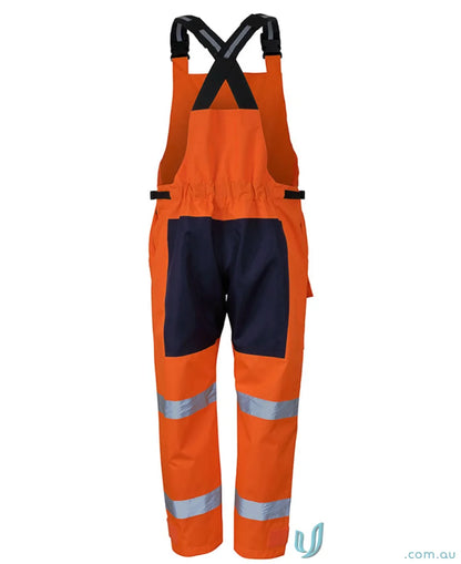 Orange and navy blue JBs Waterproof Bib and Brace with reflective tape and pile tape closure