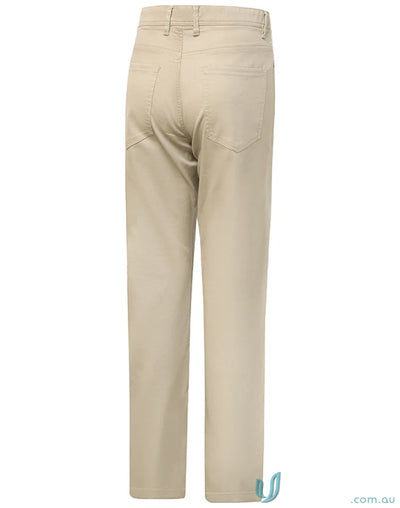 Beige jean style flexi chino pants with jacquard weave for a casual look