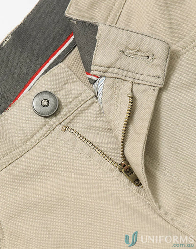 Beige Jean Style Flexi Chino Pants with zipper, button closure, jacquard weave design
