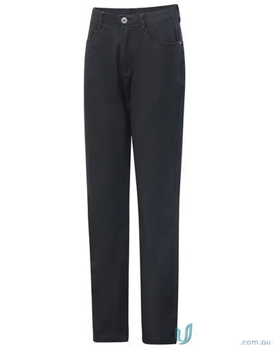 Black jean style flexi chino pants made with jacquard weave for casual comfort