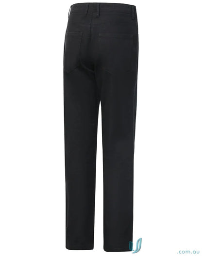 Black jean style flexi chino pants showcasing comfy jacquard weave fabric
