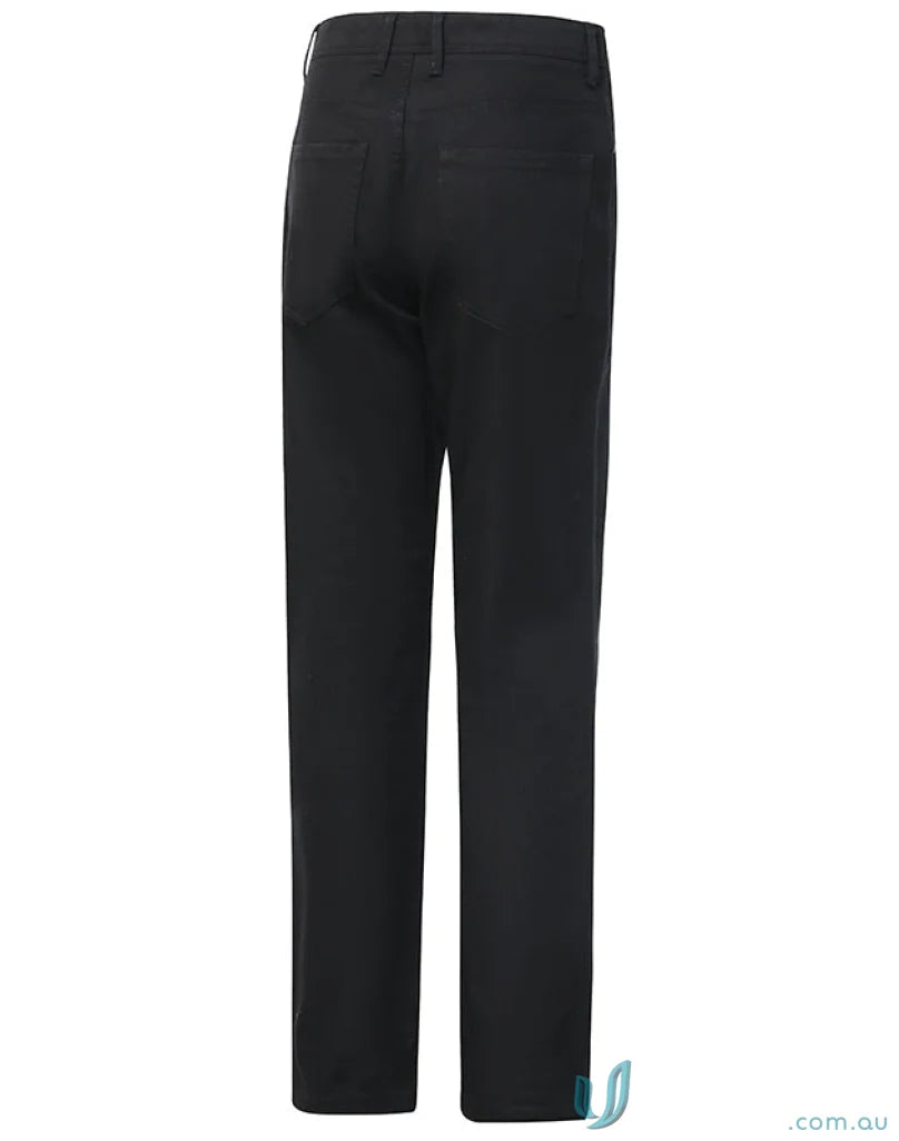 Black jean style flexi chino pants showcasing comfy jacquard weave fabric