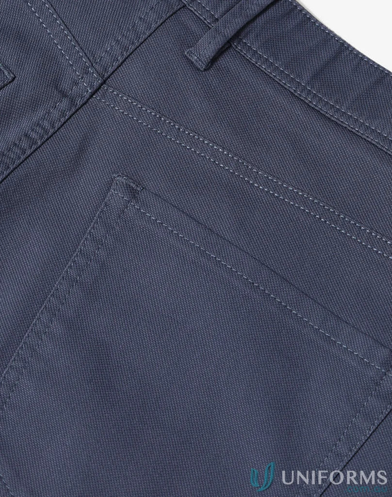 Blue canvas jean style flexi chino pants with jacquard weave detail