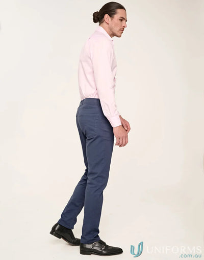 Man in pink shirt and blue Jean Style Flexi Chino Pants showing jacquard weave look